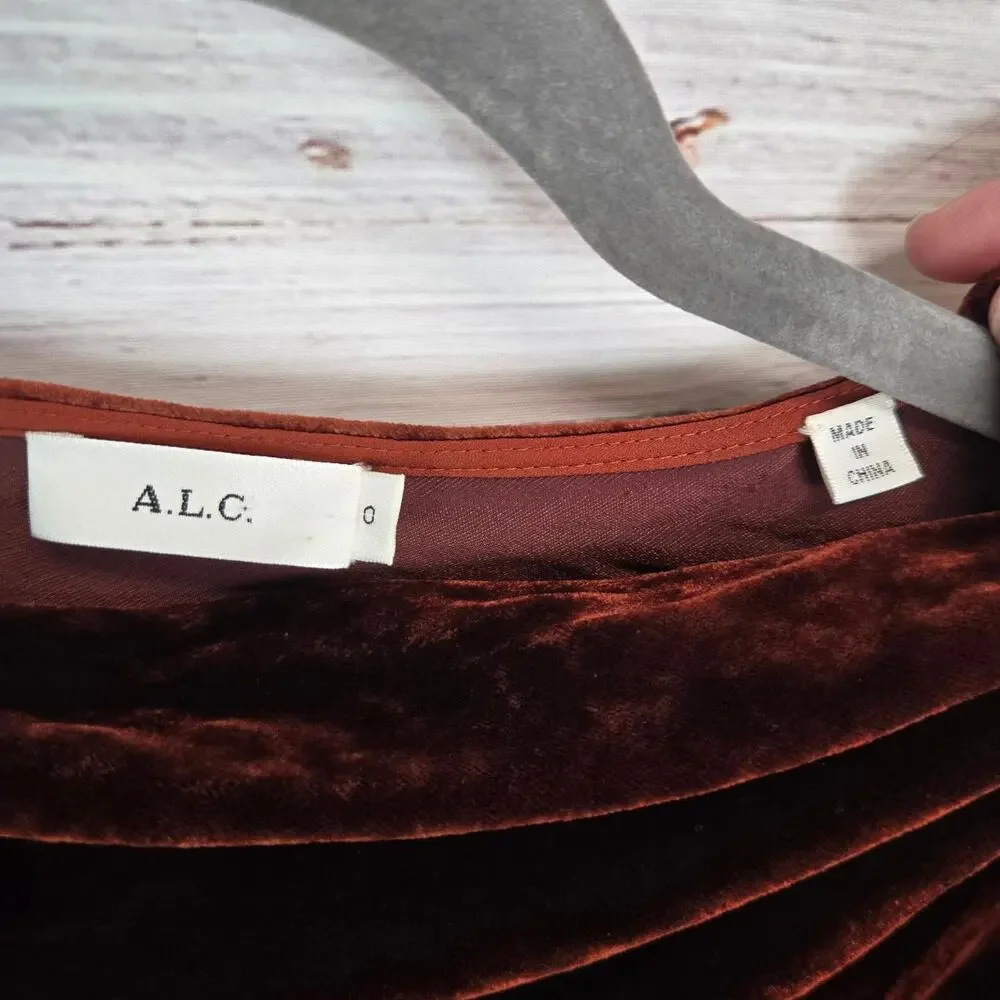 A.L.C. Miller Crushed Velvet Top 0 Cognac Brown Dolman Sleeve Soft Drapey Earthy
